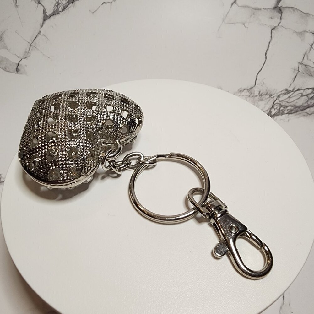 XL Rhinestone Puffy Silver Heart Keychain - Picture 6 of 6